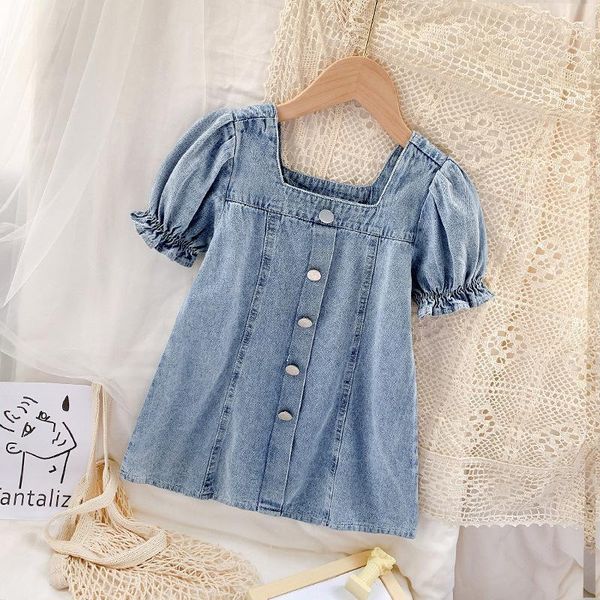 

girl's dresses 3 styles baby girls denim 2021 summer puff sleeve square collar jean dress 2-8 years old children clothes vestidos1, Red;yellow