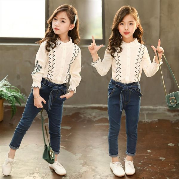 

childrens clothing suit autumn kids girls korean style long sleeved print lace shirt denim pants 2pcs sets, White