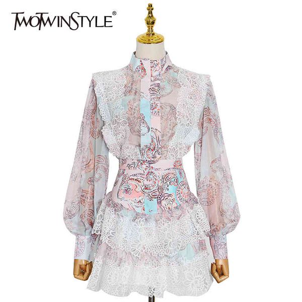 

sweet patchwork lace set for women stand collar long sleeve shirt high waist skirt print sets female fashion 210423, White