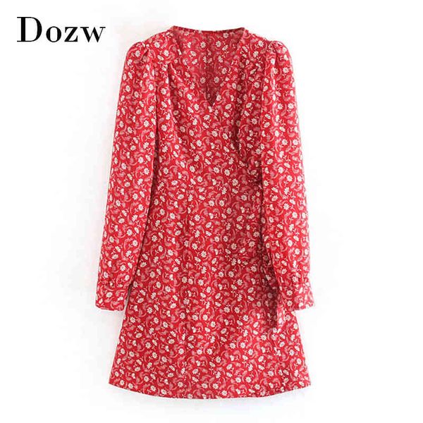 

women elegant long sleeve wrap dresses v neck floral printed chic mini dress ladies a line vintage casual dress robe femme 210414, Black;gray