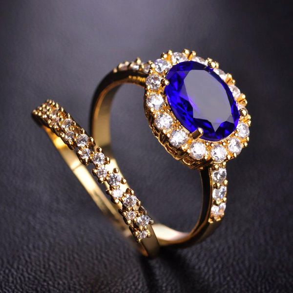 

wedding rings blucome flower zircon silver color copper for women big blue stone double aros engagement gold anello joyas, Slivery;golden