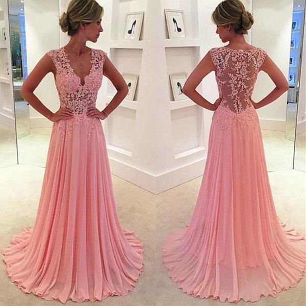 

vintage blush pink evening prom dresses a line chiffon lace appliques plunging v neck sheer girls party formal dress, Black