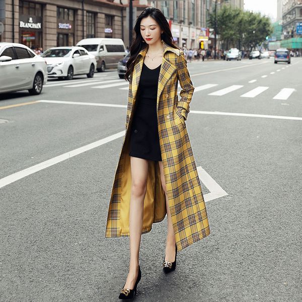 

women's trench coats 2021 autumn women casual coat yellow plaid print vintage windbreaker with belt female slim long outwear, Tan;black