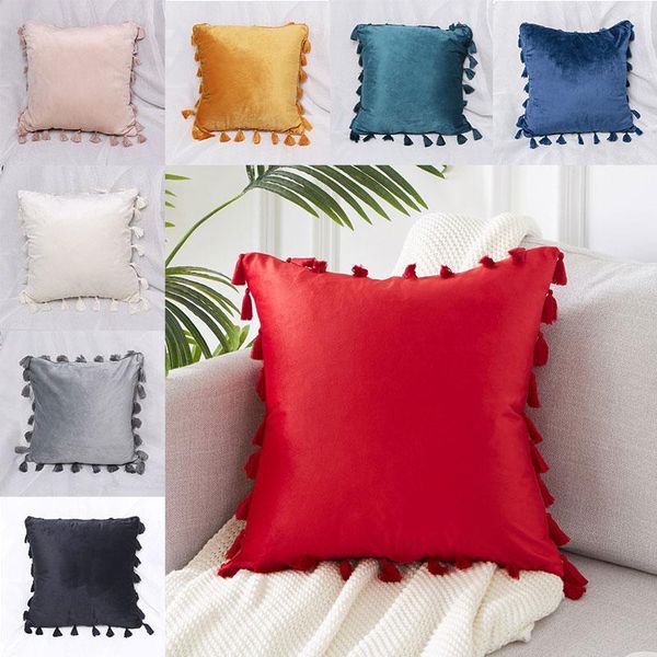 

pillow case 45x45cm velvet cushion cover with tassel pink grey yellow navy green blue beige bedroom sofa decoration pillowcase