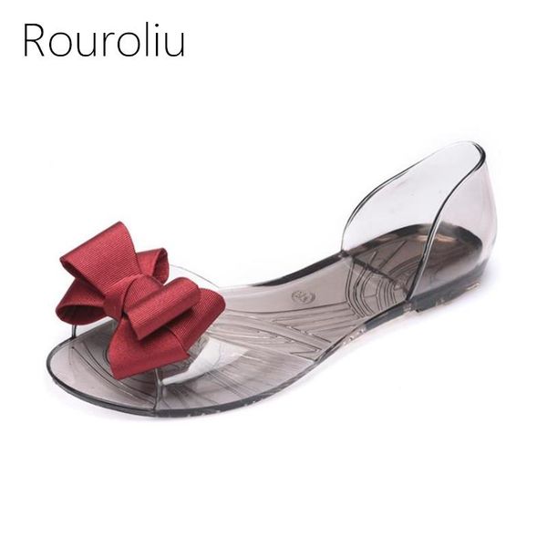 

rouroliu women summer fashion bowknot peep toe casual beach sandals comfortable non-slip flat heel jelly shoes woman rb253, Black