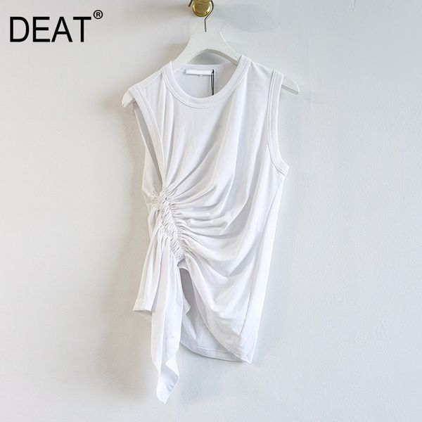 

[deat] women white asymmetrical folds office lady t-shirt new round neck sleeveless slim fit fashion tide summer 7e0936 210428