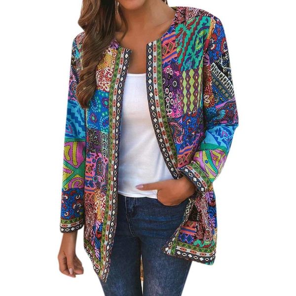 

plus size jackets women retro coats ethnic printed casual long sleeve outwear open stitch vintage cardigan coat women's, Black;brown