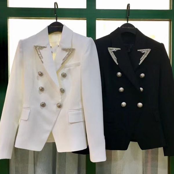 

2021 autumn double row button suit collar heavy industry nail bead inlaid diamond slim fit casual coat women's, White
