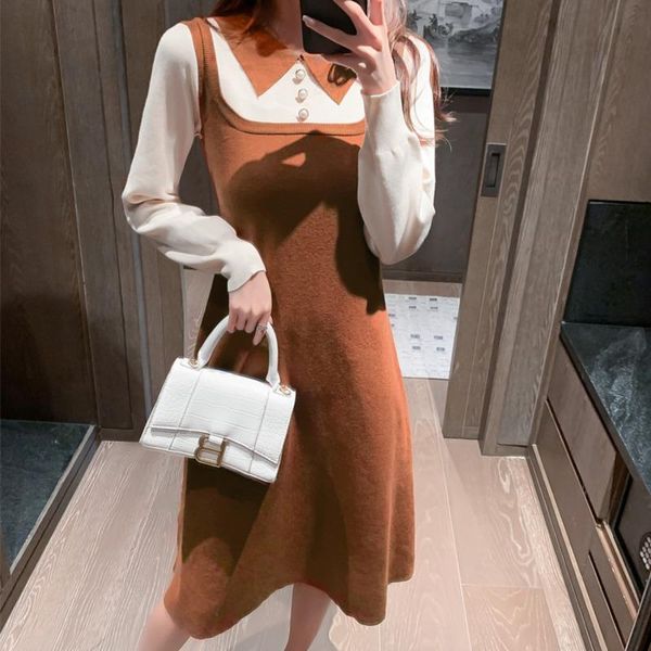 

casual dresses french vintage fake two-piece warm sweater mini dress autumn winter long sleeve elegant slim knitted vestido 2021, Black;gray