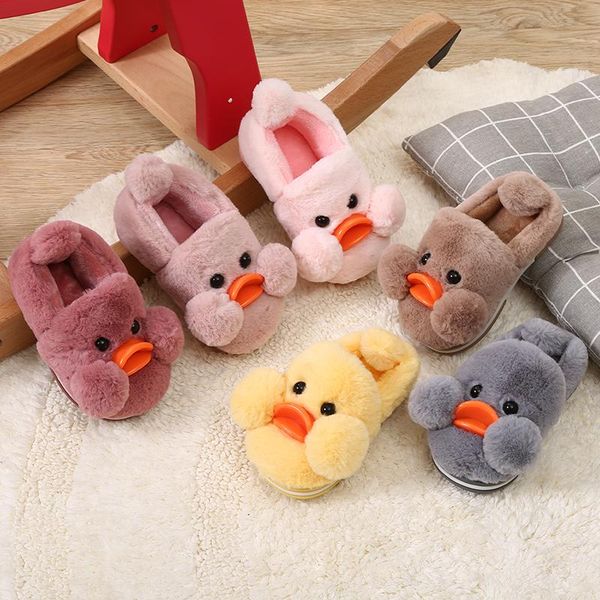 

slipper 2021 boys&girles slippers winter warm cotton plush children shoes indoor duck soft cartoon unisex, Black;grey