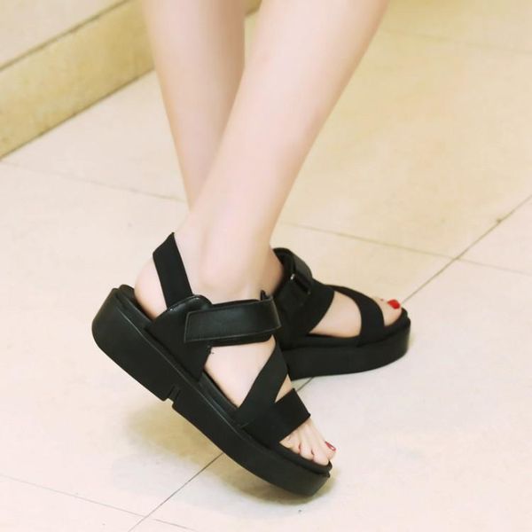 

dress shoes oversized high heels sandals women woman summer ladies fashion thick-soled magic tie-up, Black