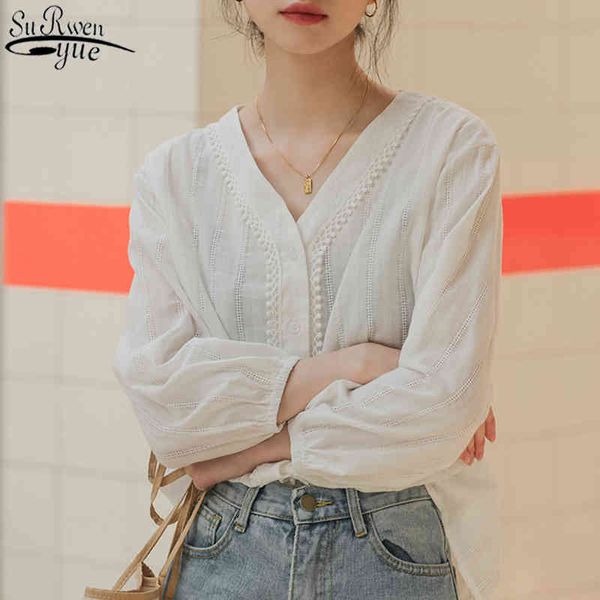 Autunno Chic Woman Camicia Bianco Top V-Collo Ufficio Lady Camicie Blusas Vintage manica lunga manica lunga e camicette 10956 210427