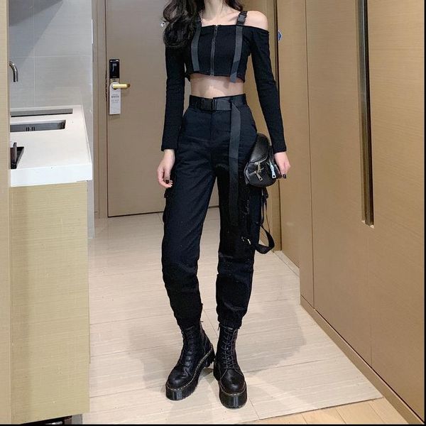 

womens pant spring green women cargo pants high waist zipper fly workout street fluorescence black pockets trousers, Black;white