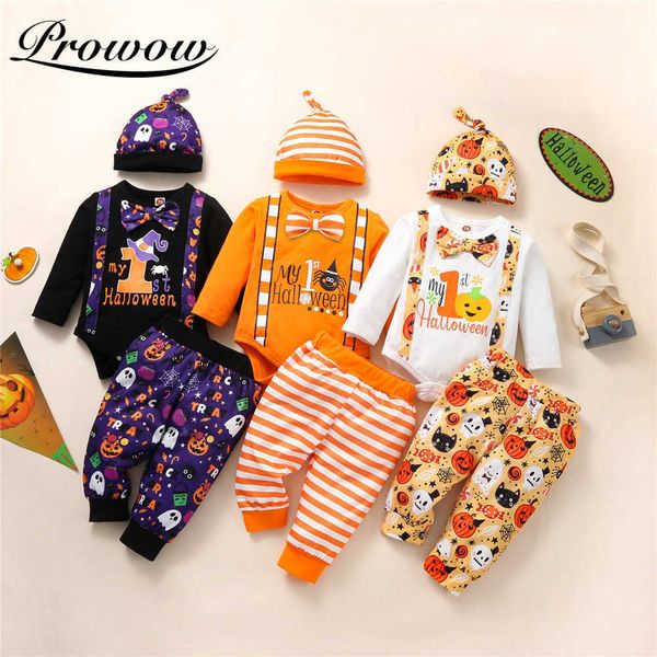 

prowow 2021 pumpkin baby halloween costume 3 pcs baby boys clothes bobysuit + pant festival kids newborns infants boys clothing g1023, White
