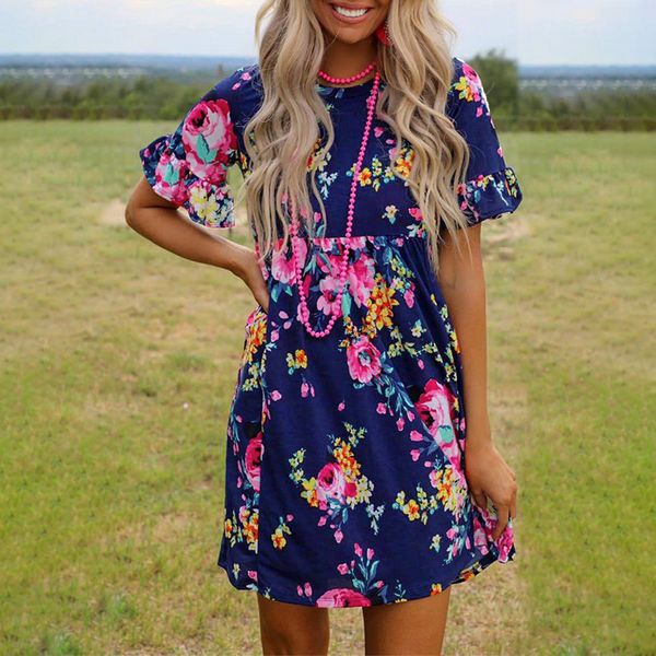 

fashion dress 2021 floral with round neck and knee length skirt, Black;pink