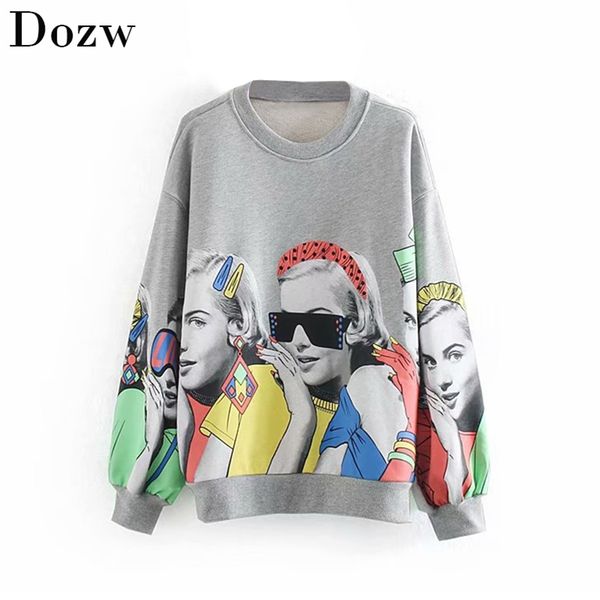 Moda Personagem Imprimir Moletom Mulheres Solta O Pescoço Casual Pulôver Feminino Manga Longa Hoodies Ladies Top Cinzento Top 210515