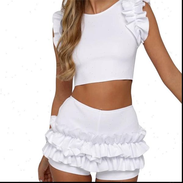 

two piece set summer womens tracksuits ruffles padded crop high waist shorts 2pcs beachwear holiday outfits slim clothes sets, Gray