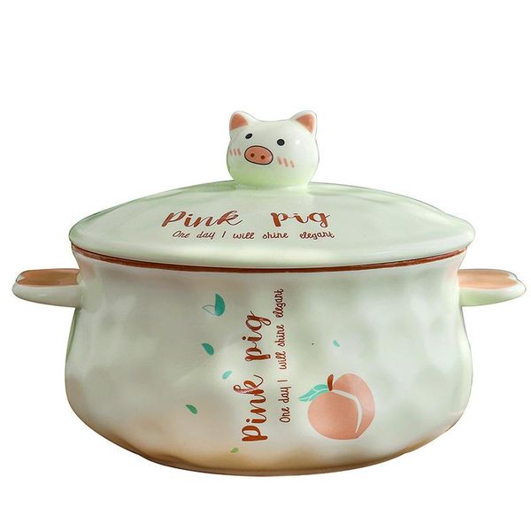 

bowls cartoon pig double ear ceramic bowl creative large-capacity instant noodle with lid anti-scalding korean soup rice