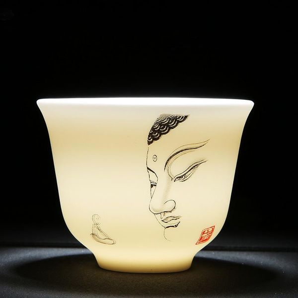 Tazza da sakè Ciotola da tè in porcellana in ceramica Tazza da tè creativa Buddha Tazza da tè cinese Tazze bianche Bicchieri Decorazione Artigianato Piattini