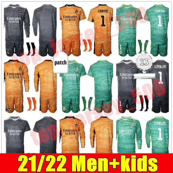 

New 2021 2022 adult Men kids kit Real Madrid Soccer Jerseys Long sleeve Goalkeeper kits 21 22 #1 COURTOIS GK Football shirt #13 LUNIN uniforms, Black;yellow