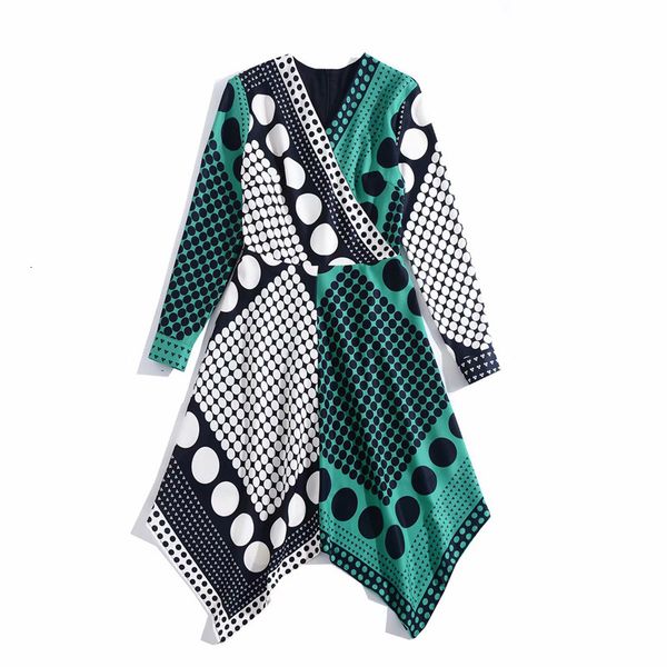 

dress spring casual women v-neck polka dot print geometric patterns long sleeve asymmetrical dress lady, Black;gray