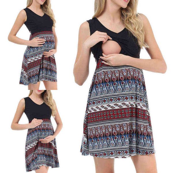 

nursing dress printing baby shower breastfeeding pregnancy dress elegant sleeveless premama pregnant dresses vestido robe femme g220309, White