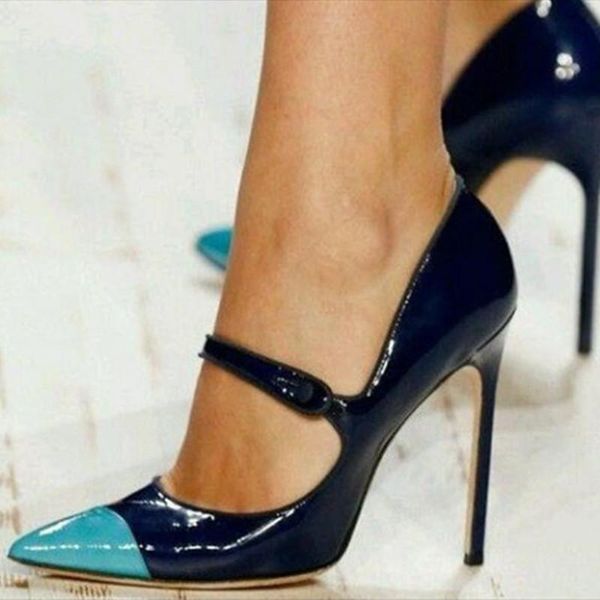 

dress shoes painted lacquer leather, about 11 cm high-heeled women's shoes, pointed toe pumps, buckled banquet, Black