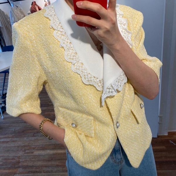 

women's jackets matakawa fashion lapel short coat lace patchwork vintage casaco feminino two buttons design loose tweed for women, Black;brown