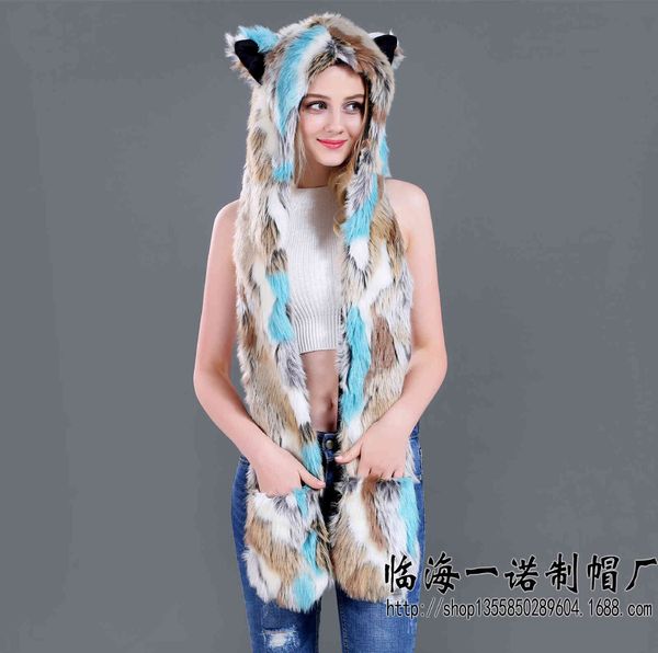 

hat imitation fur plush cartoon animal scarf gloves one color, Blue;gray