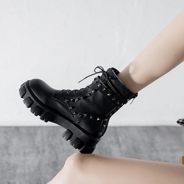

boots ladies 2021 round head rivet flat heel lace luxury designer ankle, Black