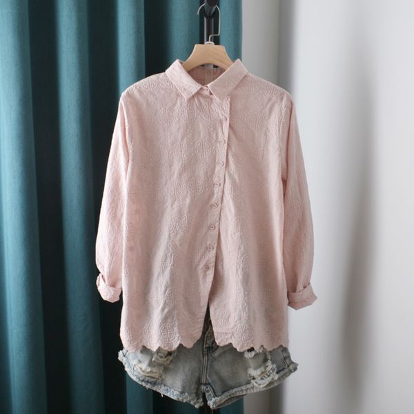 

lamtrip unique retro ethic embroidery side buttons long sleeve shirt 210413, White