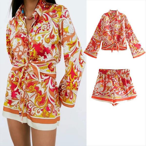 

za summer fashion chic women tracksuits knotted printed long sleeve shirt high waist casual drape ladies suit, Gray