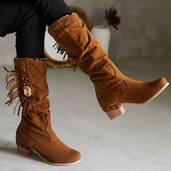 

boots winter ladies diamond decoration casual shoes boot tassel solid color round-toe long, Black