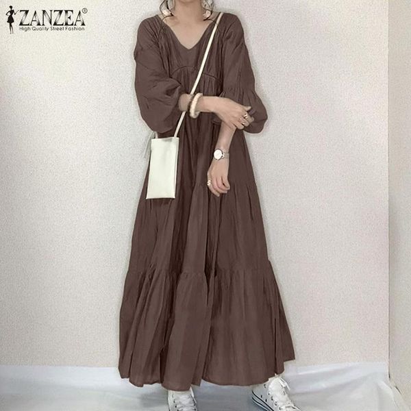 

casual dresses plus size vintage ruffle dress women's spring sundress zanzea 2021 puff sleeve maxi vestidos female v neck robe femme 5x, Black;gray