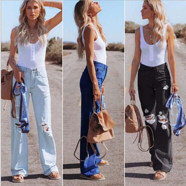 

women's jeans designer style streetwear high waist women fashion ripped straight wide leg denim long pants, Blue