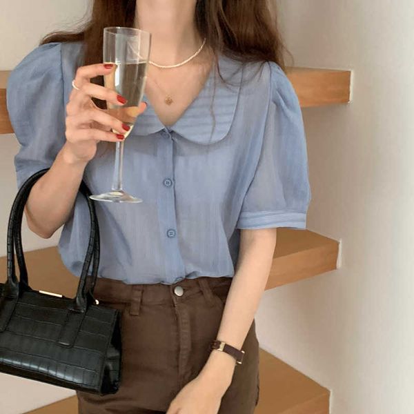 Bluz Kadın Kore Tops Chic Bebek Yaka Puf Kollu Kısa Kollu Gömlek Katı Rahat Vintage Tatlı Düğme Blusas Mujer 14819 210527