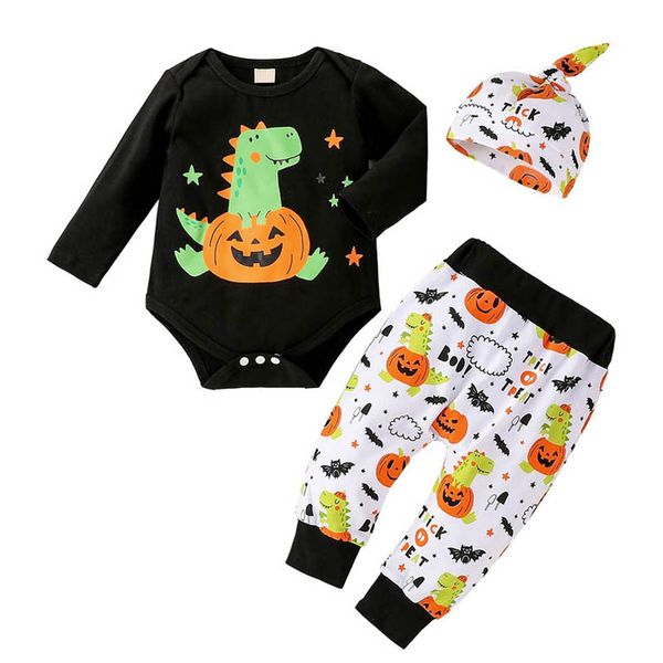 

halloween infant clothing sets boys suits baby clothes spring autumn cotton pumpkin dinosaur print romper pp pants hats 3pcs girls weear b76, White