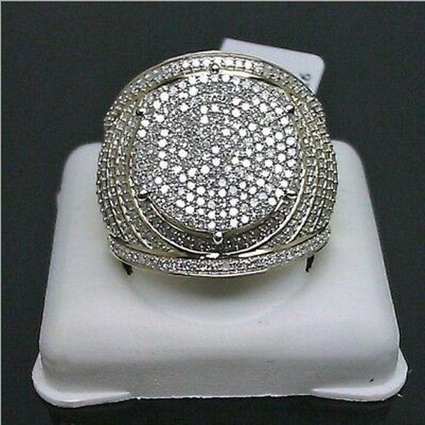 

cluster rings luxury full micro zircon setting yellow gold color for men vintage big round shape wedding promise engagement jewelry, Golden;silver