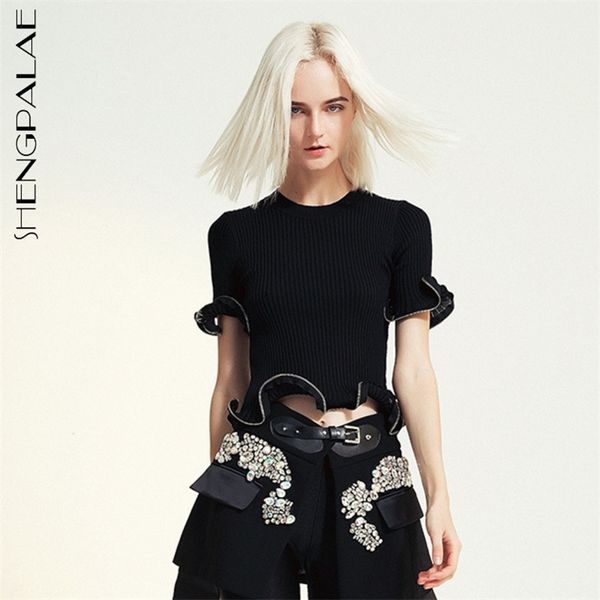 

personality black zipper wave ruffles women's summer round neck short sleeve t-shirt female 3d01683 210427, White