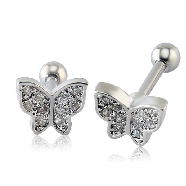 

trendy stainless steel butterfly crystal stud earring fashion white zircon ear studs cartilage piercing jewelry, Golden;silver