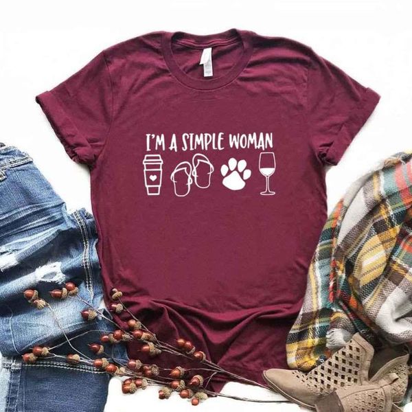 

am a simple woman coffee dog wine print women tshirt cotton casual funny t shirt gift lady yong girl tee r044 women's t-shirt, White