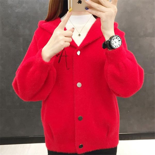 

women's knits & tees autumn winter thick warm hooded faux mink cashmere sweater women outwear loose short cardigan 6 color korean jacke, White