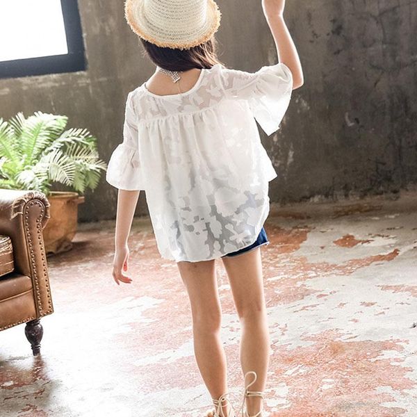 

clothing sets summer girls' clothes chiffon trumpet short-sleeved shirt t-shirt + denim shorts big kids children's teens 4-13y, White
