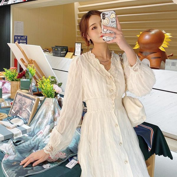 

casual dresses women's spring lace elegant hepburn style dress long sleeve korean white retro fashion midi, Black;gray