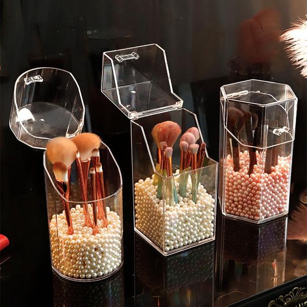 

acrylic beauty brush organizer dustproof eyebrow pencil storage box portable cosmetics pen holder with pearl makeup case boxes & bins