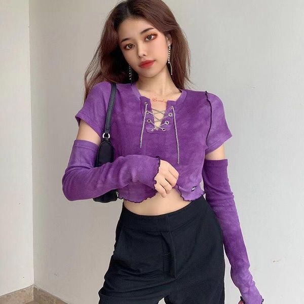 

women's t-shirt 2021 european and american personality tie dye letter printing chain short slim fashion street beat dance top, White