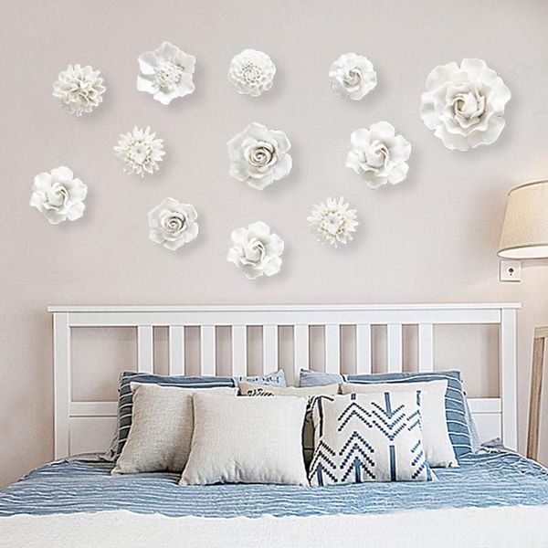 Adesivi murali Modern 3D Ceramic White Flower Sticker Decorazione Soggiorno TV Sfondo Appeso Artigianato El Accessori murali