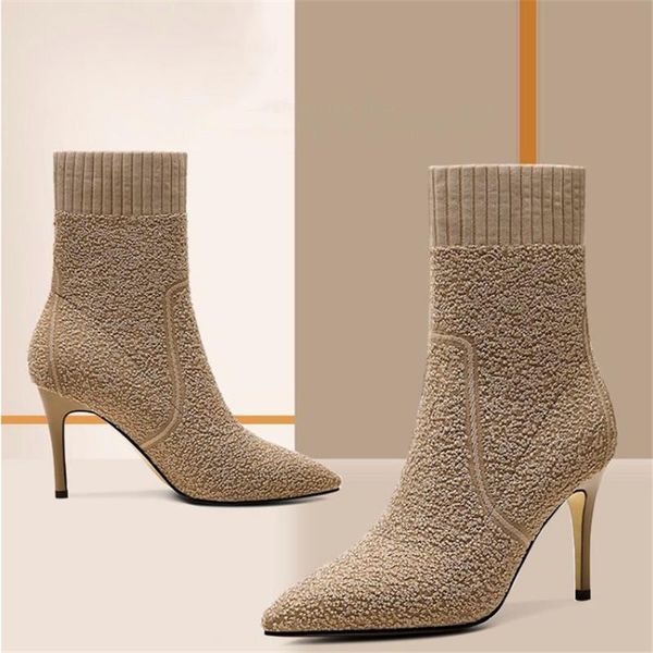 

boots 2021 spring and autumn elastic knitted pointed toe women stiletto thin woolen socks, Black