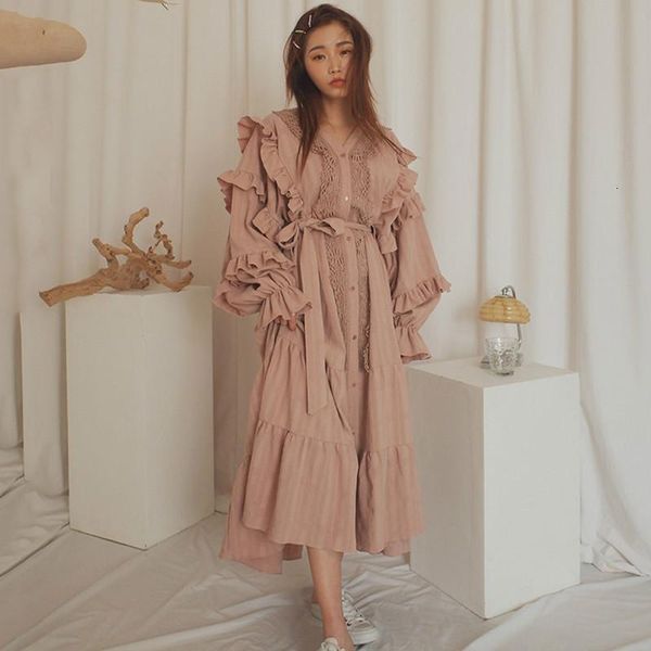 

casual dresses [ewq] simple butterfly sleeve ladies pink robe autumn women vintage loose elegant splice single-breasted ruffles maxi dress 2, Black;gray