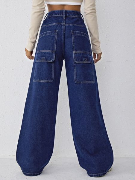

flap pocket patched wide leg jeans c8ri#, Blue
